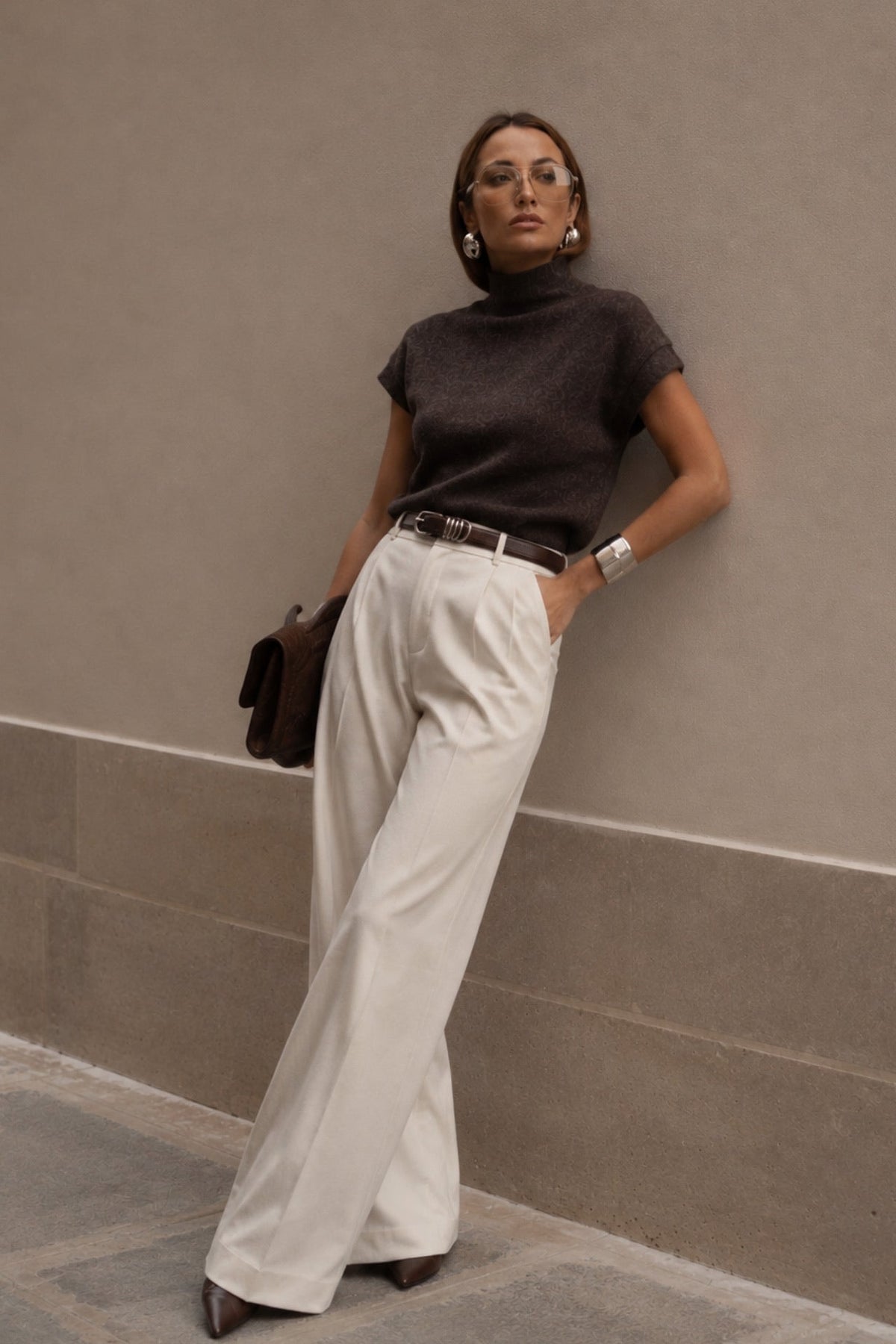 Turtleneck Sleeve Detail Textured Brown Blouse