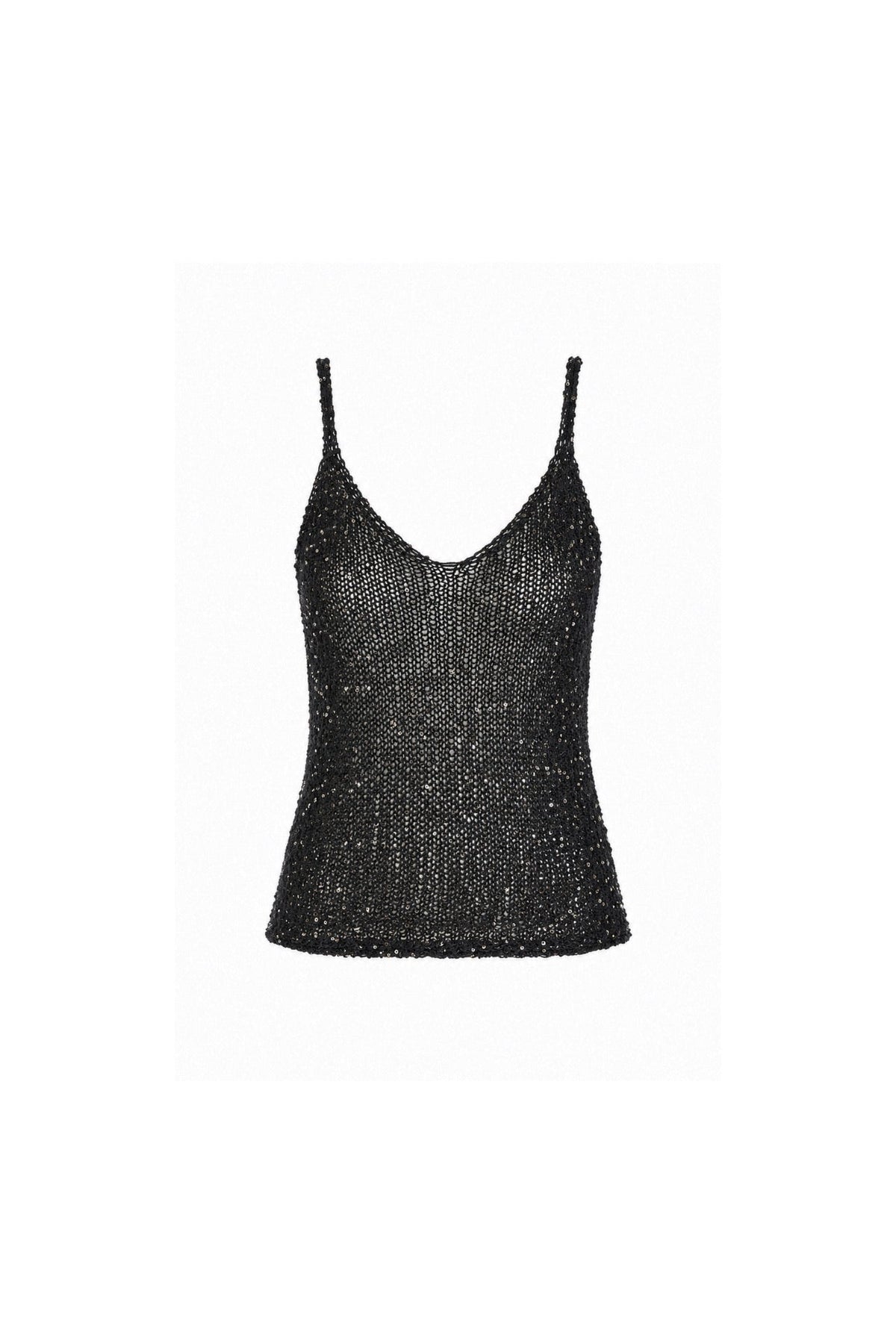 Black Sequin Detail Knitted Blouse with V-Neck and Straps