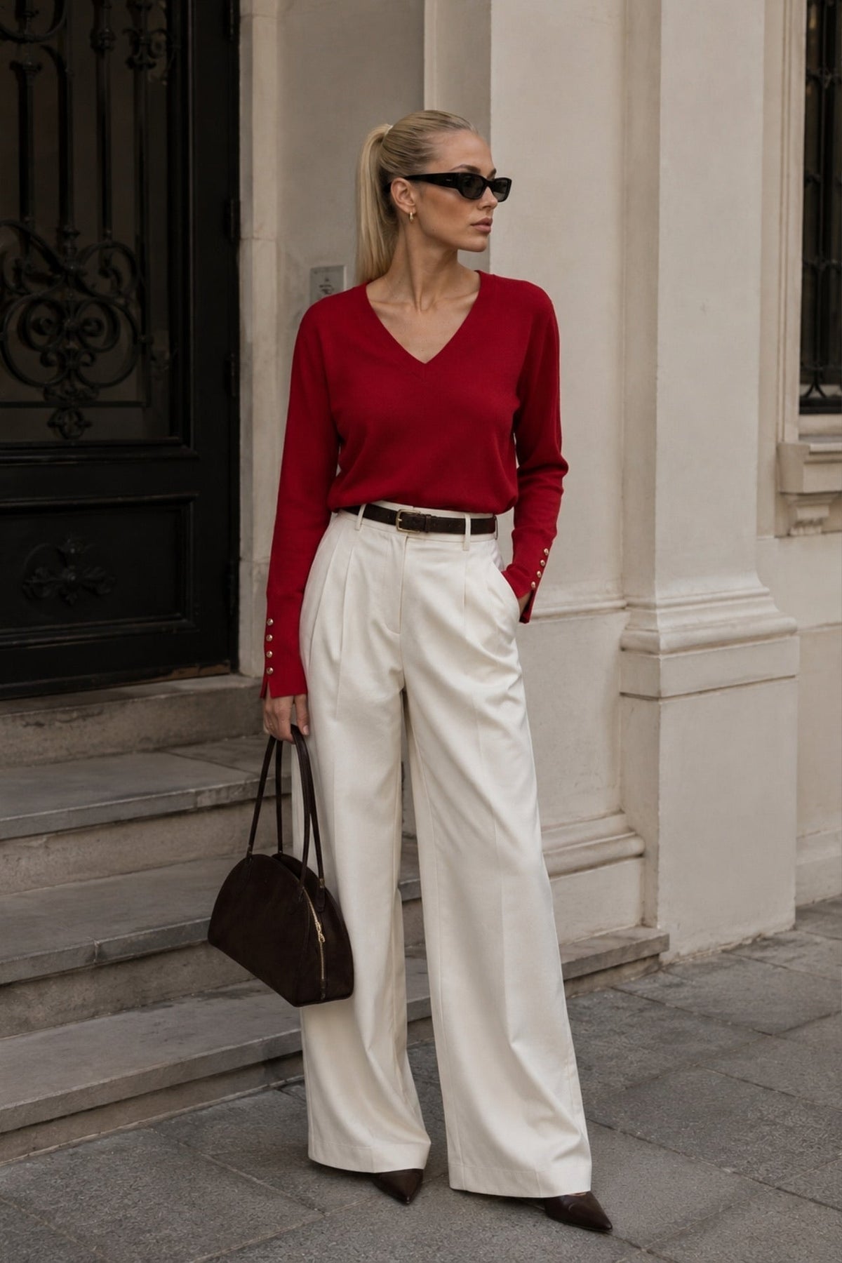 V-Neck Button Detail Red Knit Blouse
