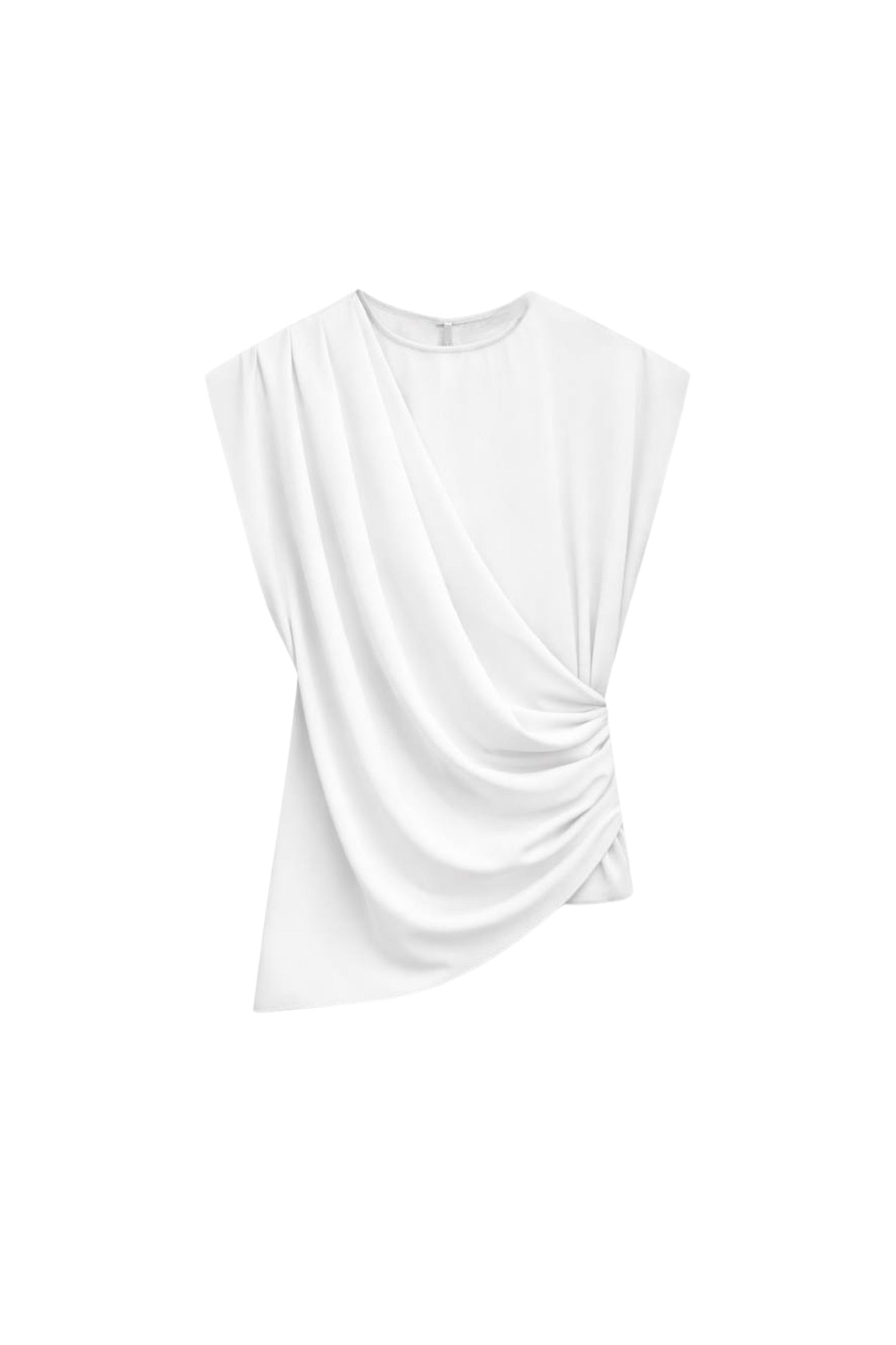 Ruched Shoulder Sleeveless White Blouse