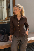 Waist-Fitted Gold Buttoned Brown Shirt