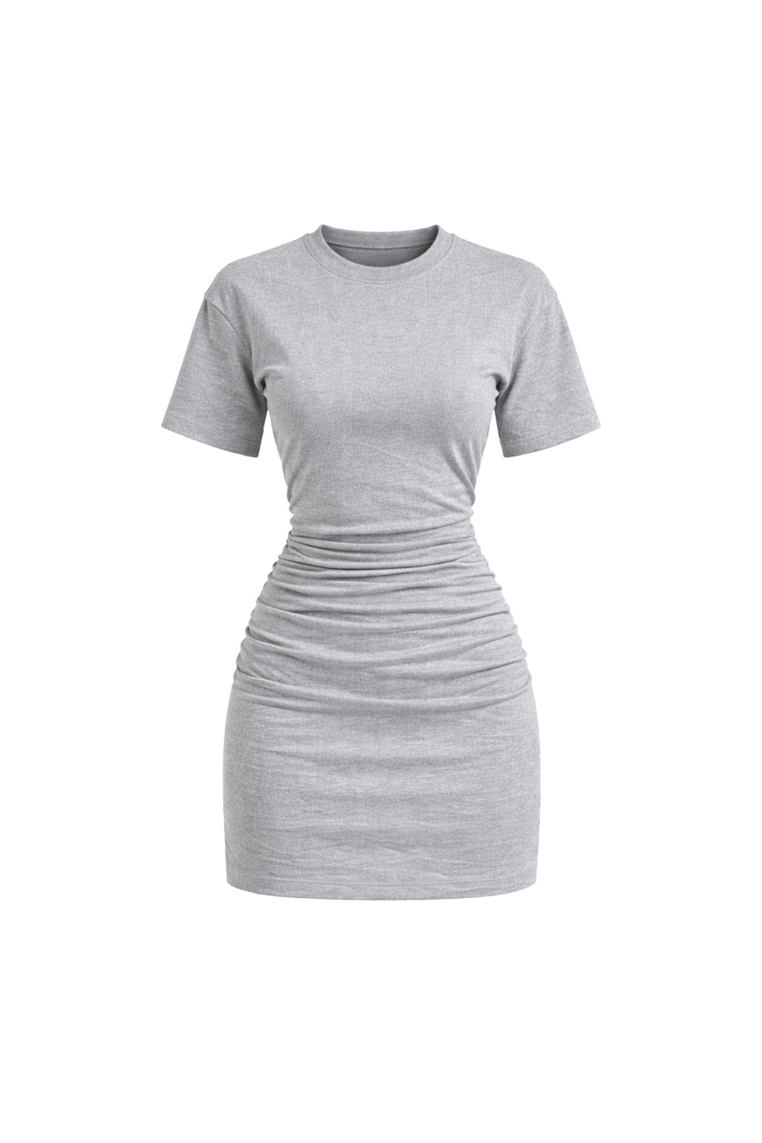 Waist-Fitted Ruched Grey Melange Mini Dress
