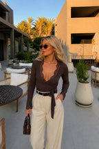 Wrap Tie Lace Brown Blouse