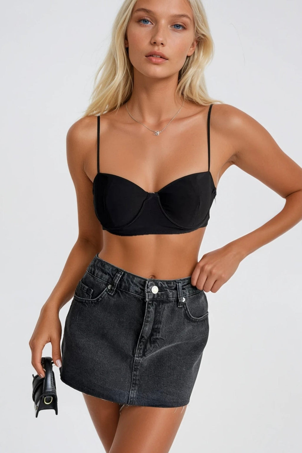 Laser Cut Denim Mini Black Skirt