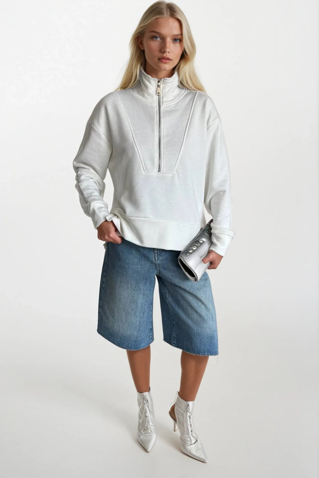 Zipper And Stitch Detail Ecru Sweatshirt