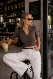 Polo Neck Beige Knit Crop Blouse