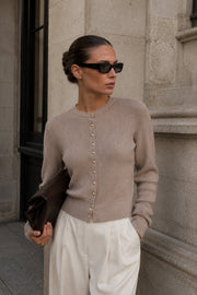 Crew Neck Button Detail Beige Knit Blouse
