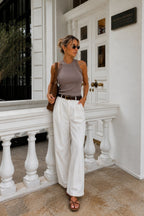 Halter Neck Lace Detail Beige Knit Blouse