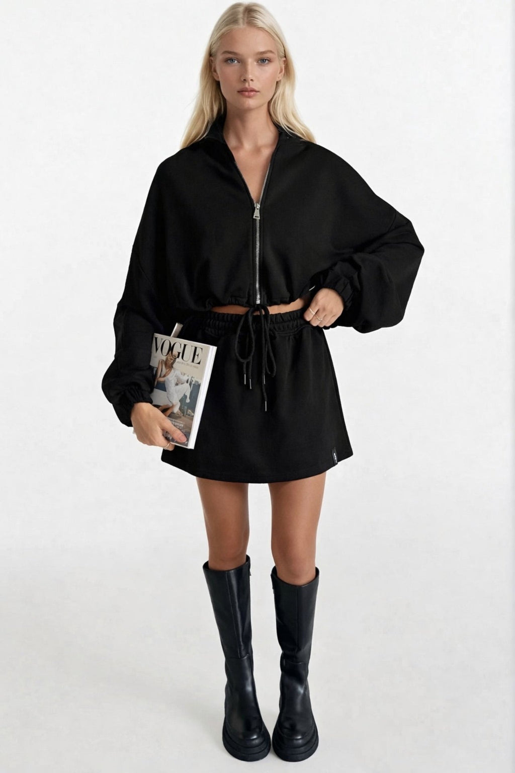 Elastic Waist Zippered Black Sweatshirt