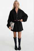 Elastic Waist Zippered Black Sweatshirt