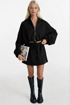 Elastic Waist Zippered Black Sweatshirt