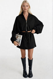 Elastic Waist Zippered Black Sweatshirt