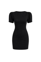 Shoulder Gathered Boat Neck Half Sleeve Black Mini Dress
