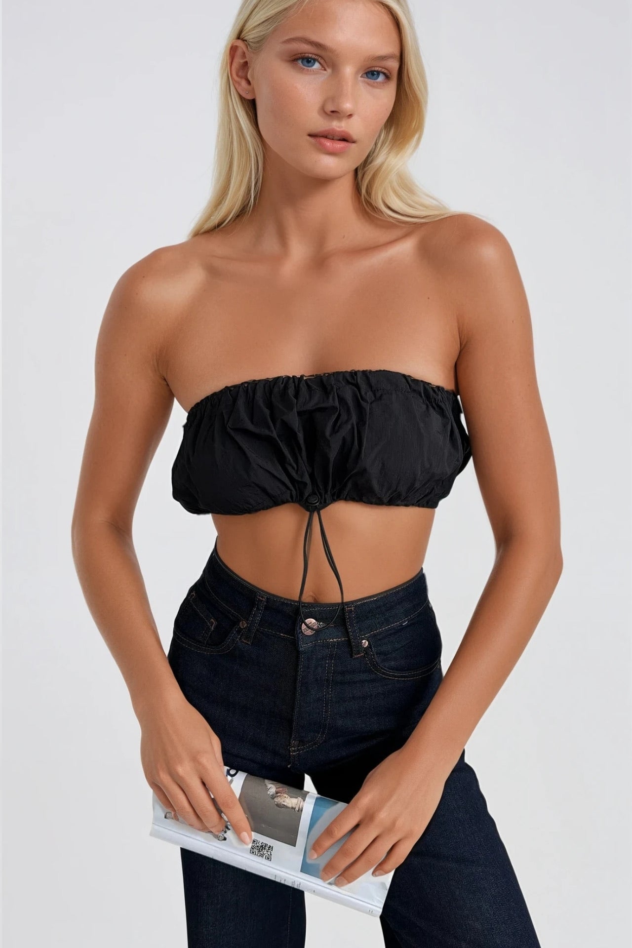 Elastic Detay Black Strapless Crop