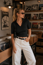 Polo Neck Black Knitwear Crop Blouse