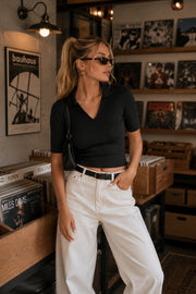 Black Knitted Polo-Neck Crop Blouse