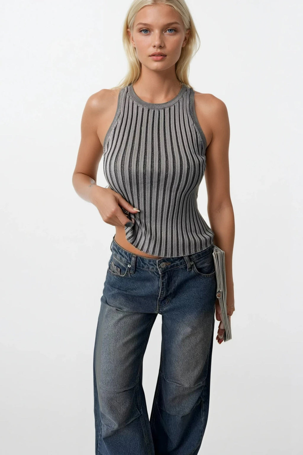 Ribbed Racer Neck Gray Blouse