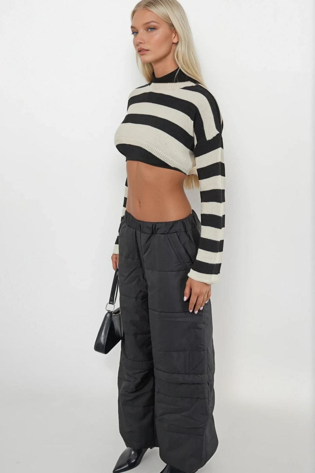 Zipper Detay Quilted Black Pants