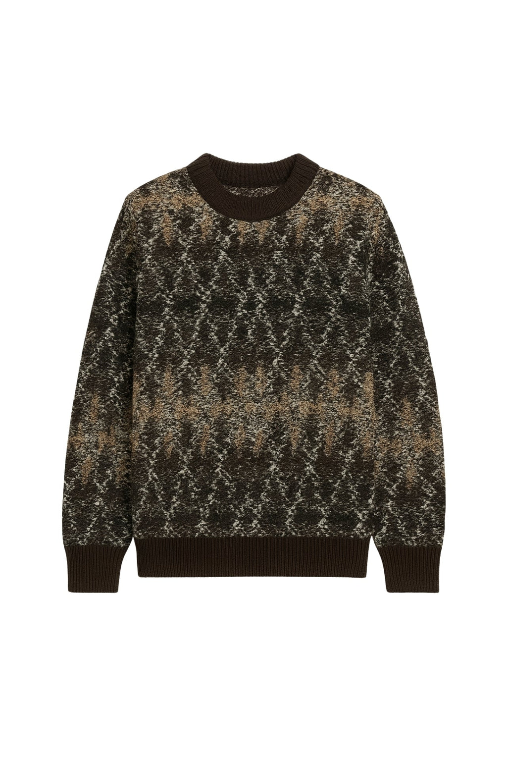 Crew Neck Brown Patterned Knit Sweater