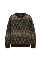 Crew Neck Brown Patterned Knit Sweater