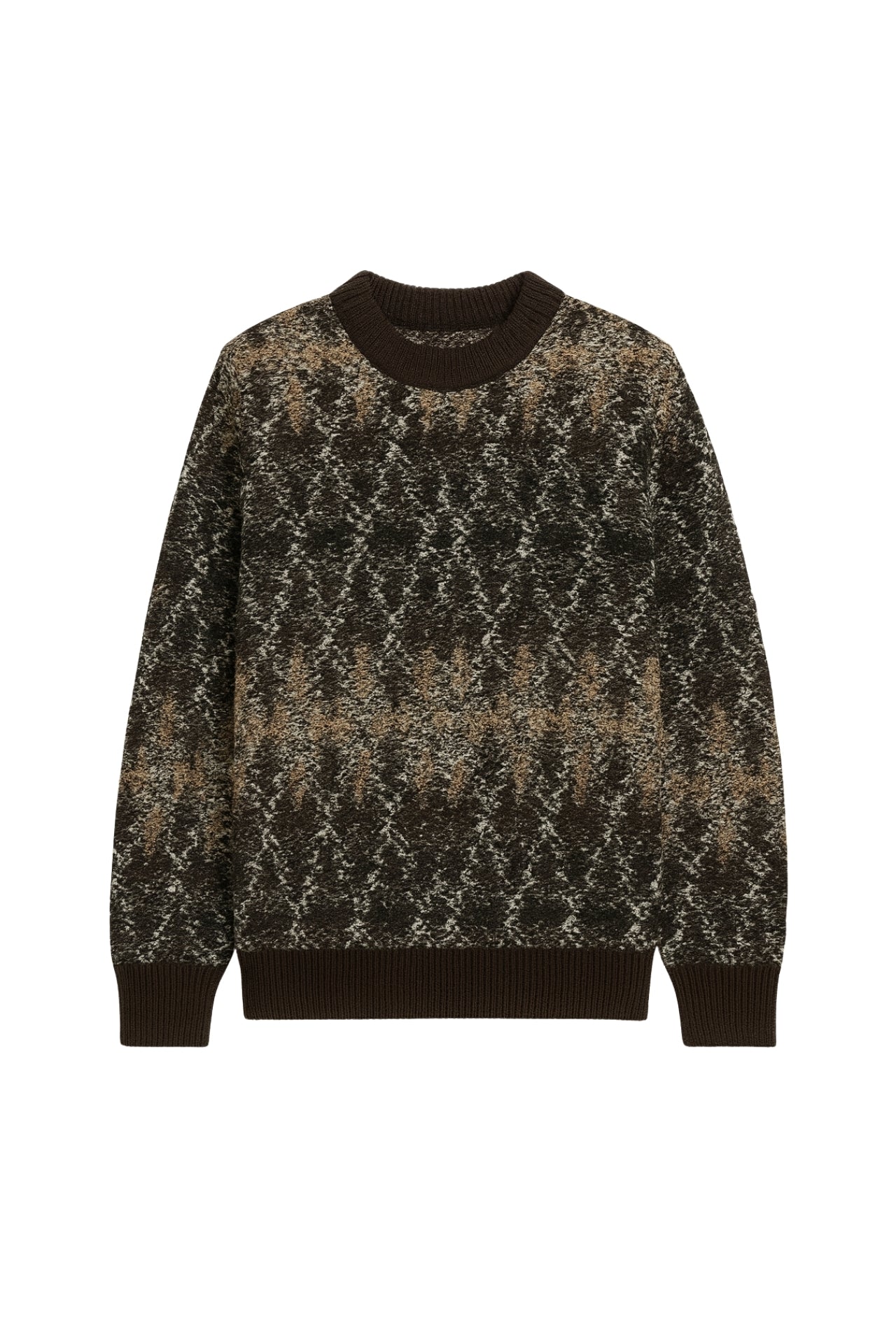 Crew Neck Brown Patterned Knit Sweater