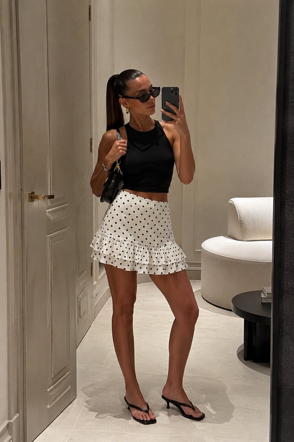 Ruffle Detail Polka Dot White Mini Skirt
