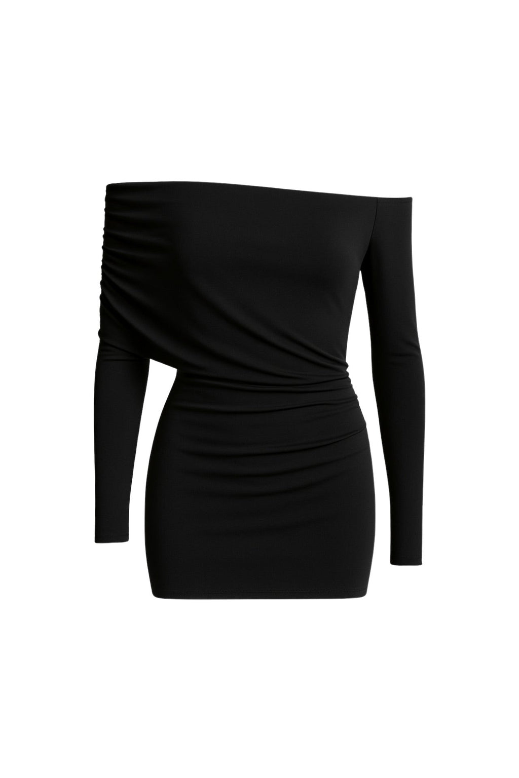 One-Shoulder Ruched Black Mini Dress
