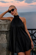 Turtle Neck Backless Satin Black Mini Dress