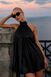 Turtle Neck Backless Satin Black Mini Dress