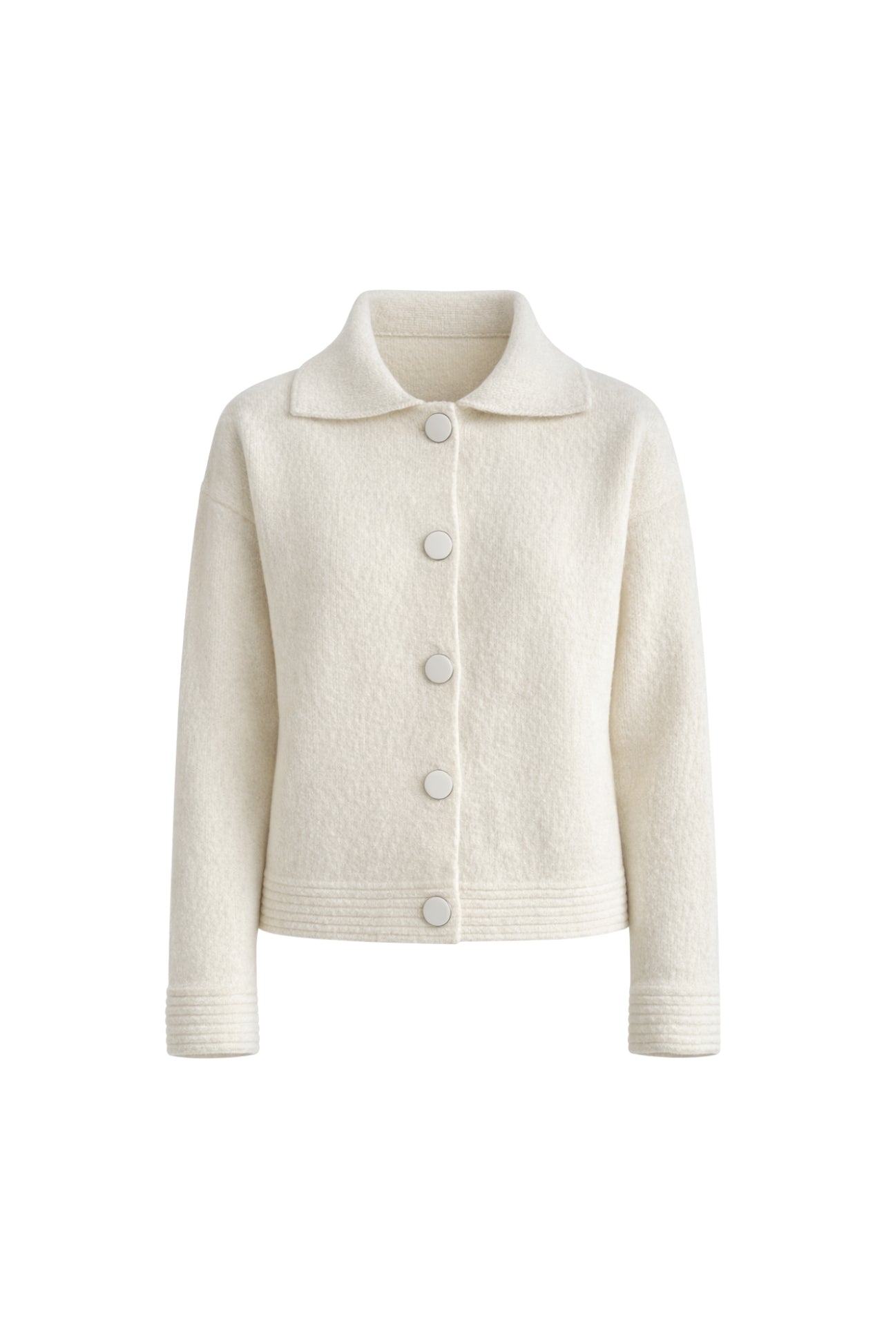 Polo Collar Button Detail Ecru Knit Cardigan