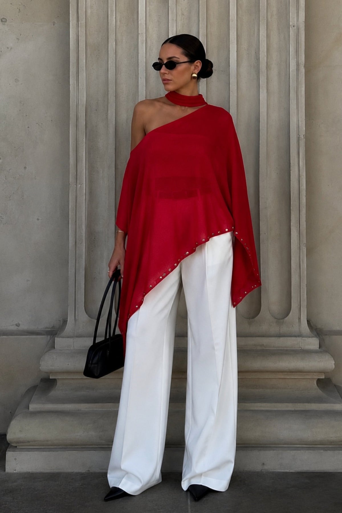 Shawl Detail Studded Red Cape Blouse