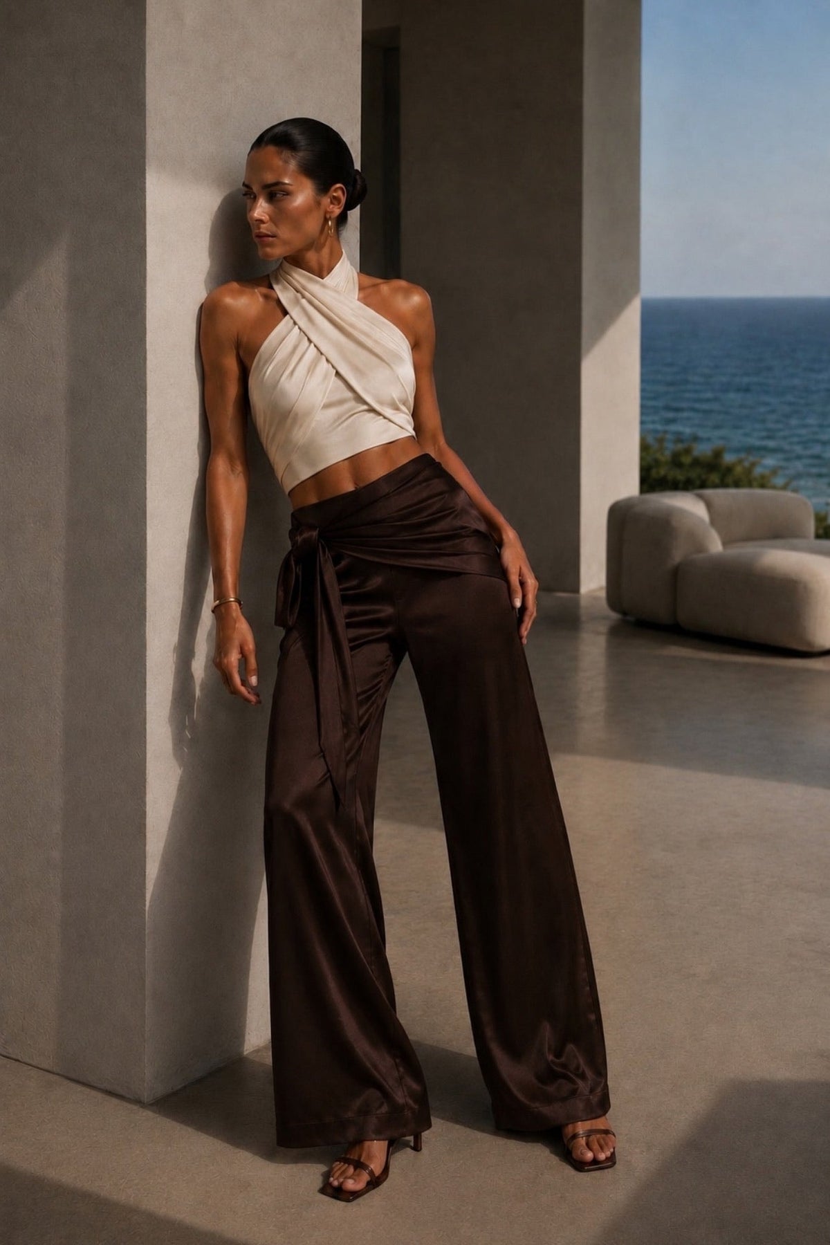 Front Tie Brown Satin Trousers