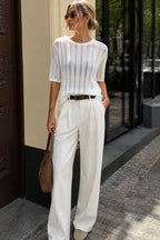 Şerit Detay Sheer Oversize White Knit Blouse