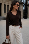 V-Neck Button Detail Brown Knit Blouse