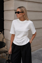 Waist Ruched Basic White T-Shirt