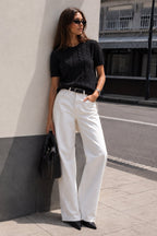 Cable-Knit Short-Sleeve Black Knit Blouse