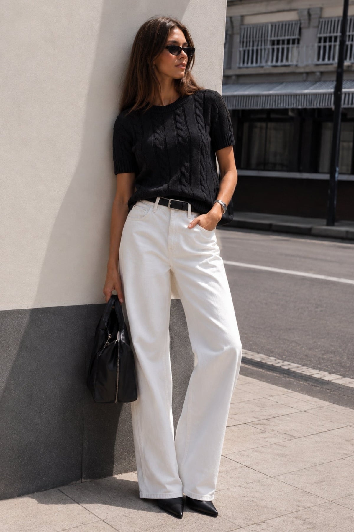 Cable-Knit Short-Sleeve Black Knit Blouse