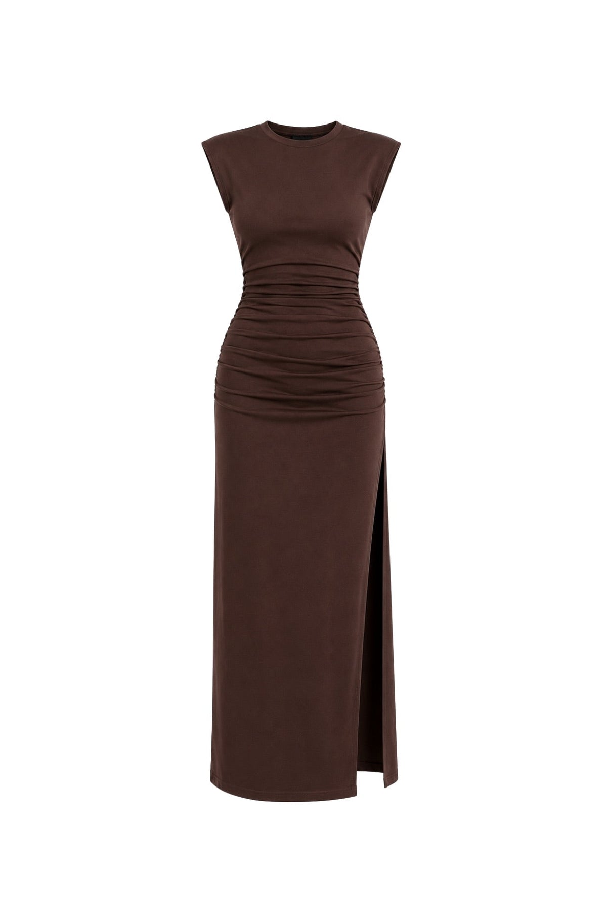 Brown Maxi Ruched Dress with Shoulder Pad and Slit Details