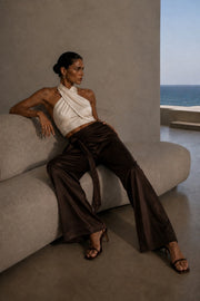Front Tie Brown Satin Trousers