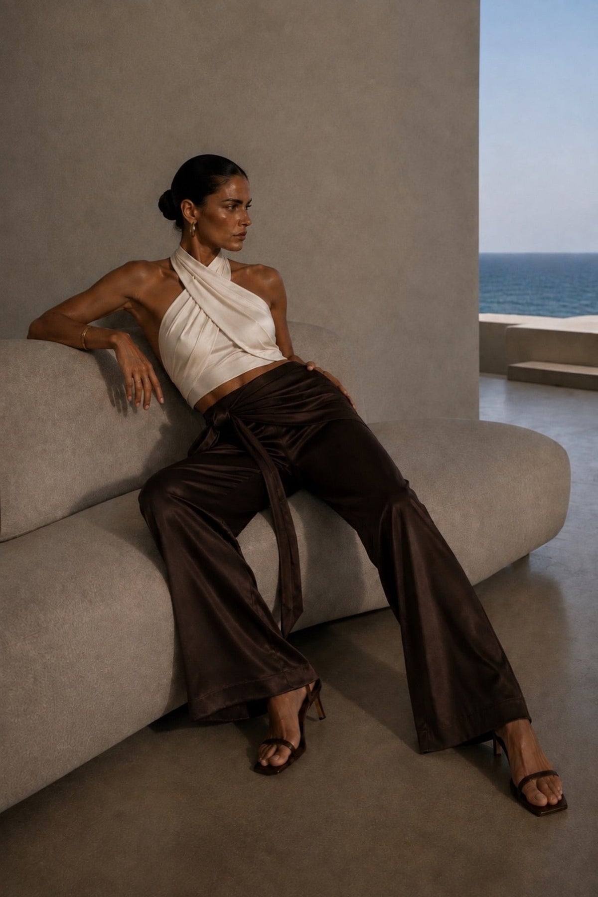 Front Tie Brown Satin Trousers