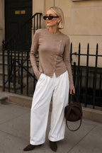 Asimetrik Button Detail Long Sleeve Beige Knit Blouse
