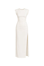 White Maxi Shirred Dress with Shoulder Pad Detail and Slit
