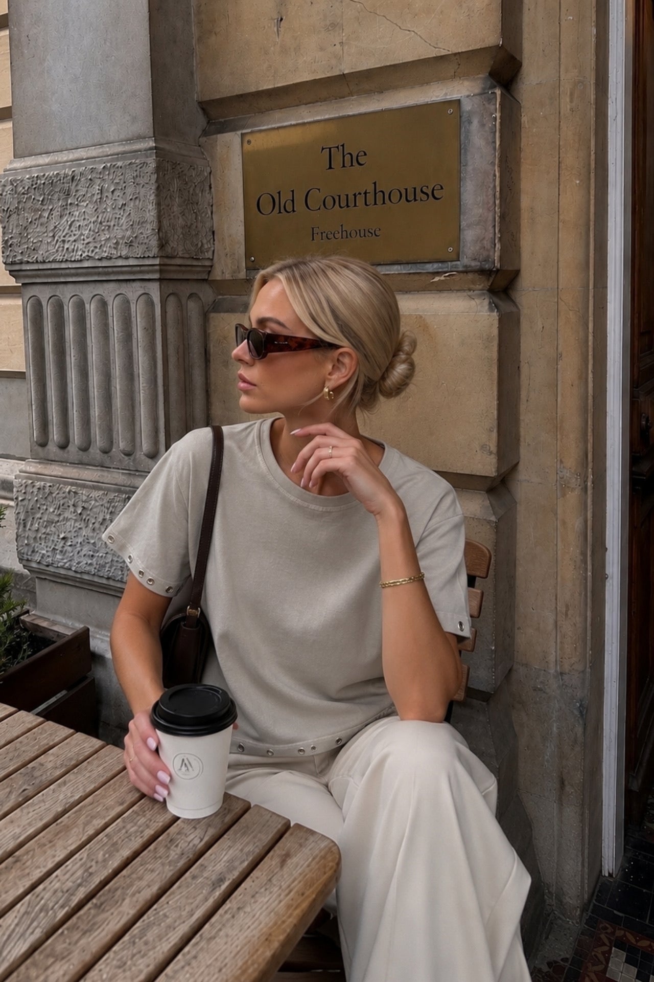 Washed Effect Eyelet Detail Beige T-Shirt