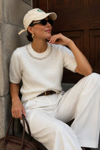 Neck Stone Embellished Half-Sleeve Textured White Blouse