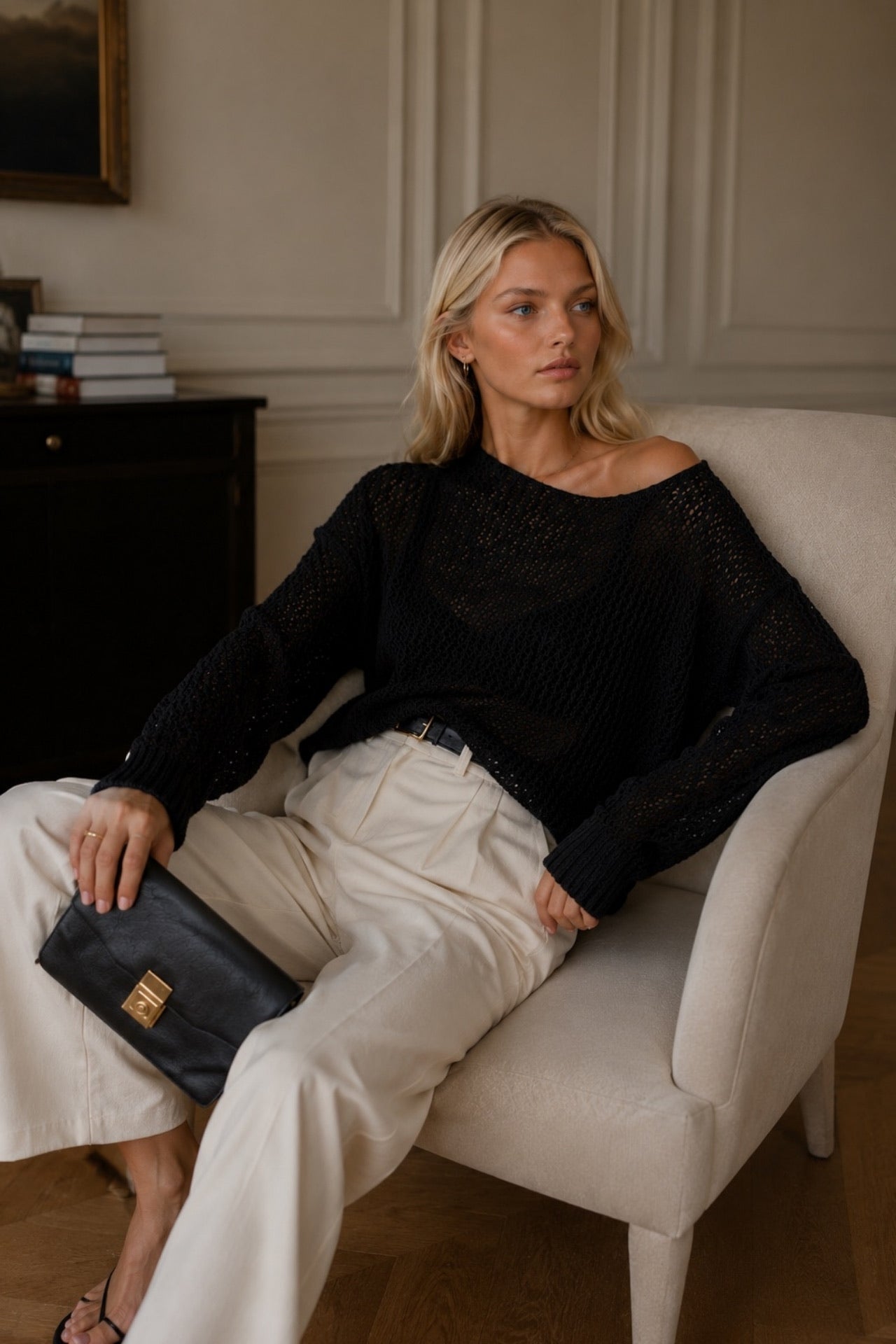 Open-Knit Wide Collar Black Knit Blouse