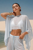 Wide Collar Crop Sheer Blouse High Waist Pants Blue Two-Piece Set
