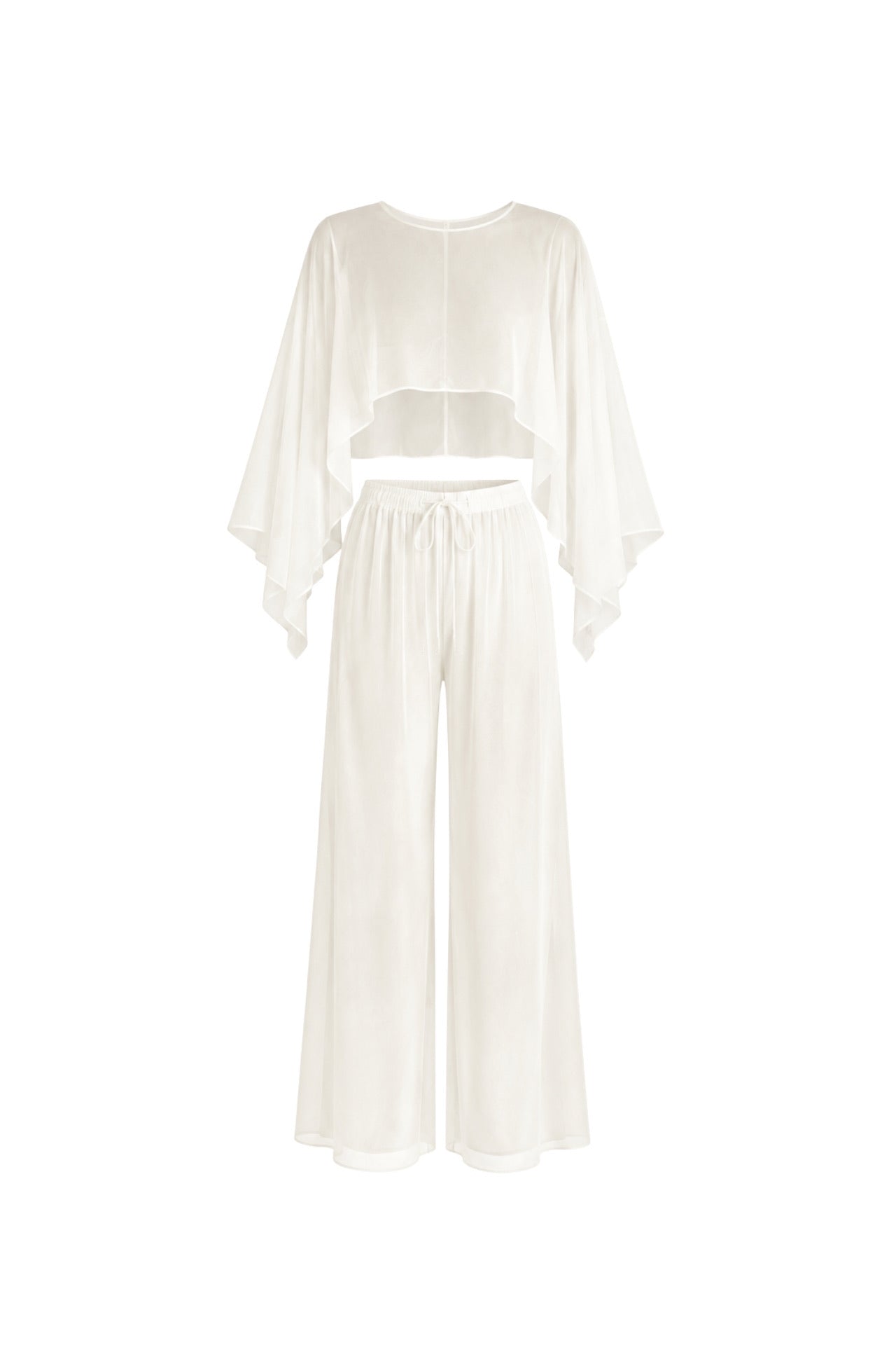 Wide Collar Crop Transparent Blouse High Waist Trousers Double White Suit