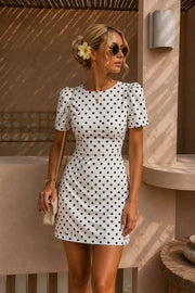 White Polka Dot Mini Dress with Shoulder Shirring Detail