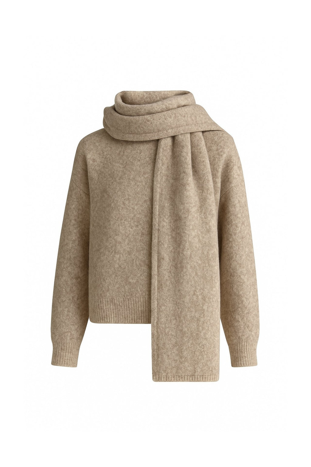 Scarf Detail Textured Beige Knit Sweater Two-Piece Set