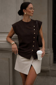 Asimetrik Button Detail Crew Neck Brown Knit Blouse